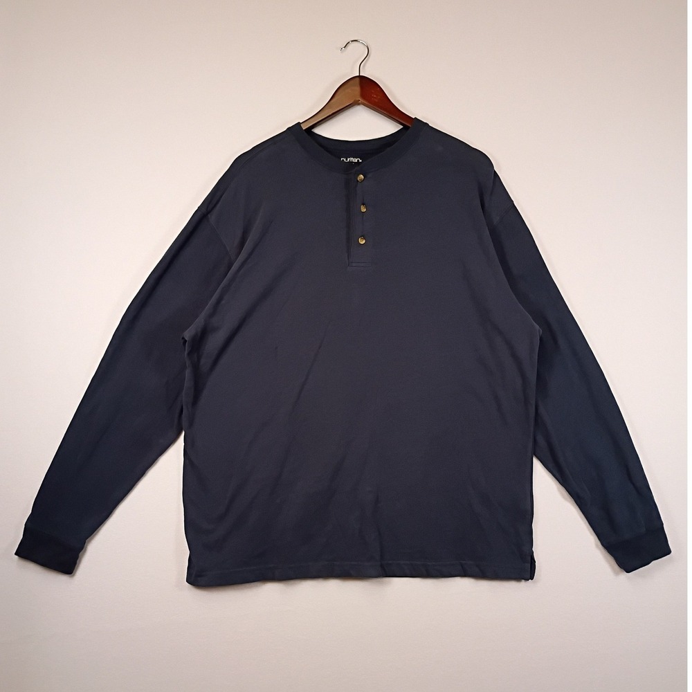 Classic Minimalist Puritan Mens Large Navy Blue Cotton Long Sleeve Henley Shirt